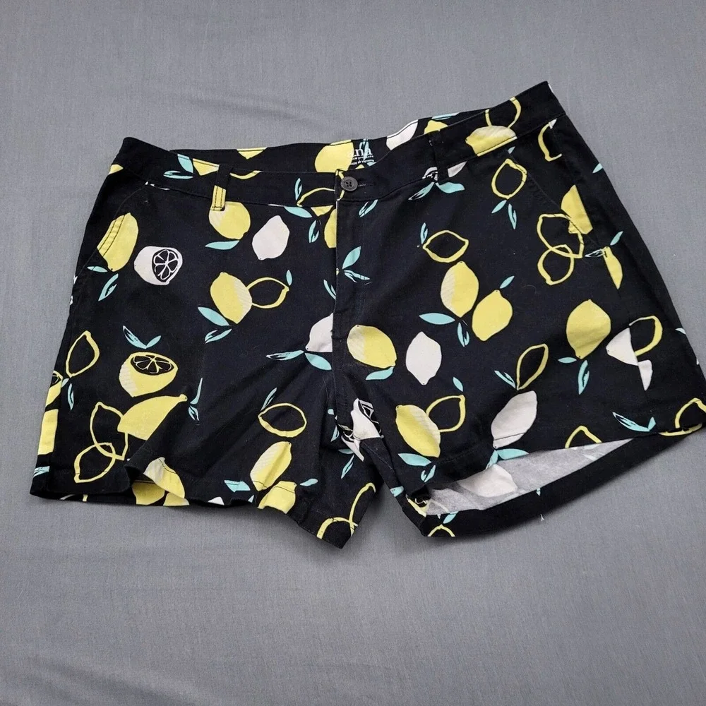 ana‎ A New Approach Women Black Lemon Print Twill Shorts Size 16 Fruit Summer